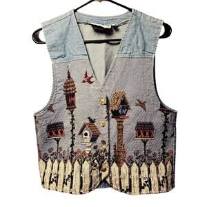 Vintage on the verge denim embroidered birdhouse vest size medium